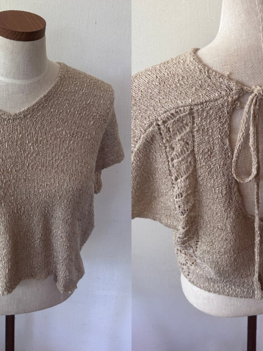Lush Short Sleeve Beige Sweater Womens Small Tie Neck Boho Neutral Coastal